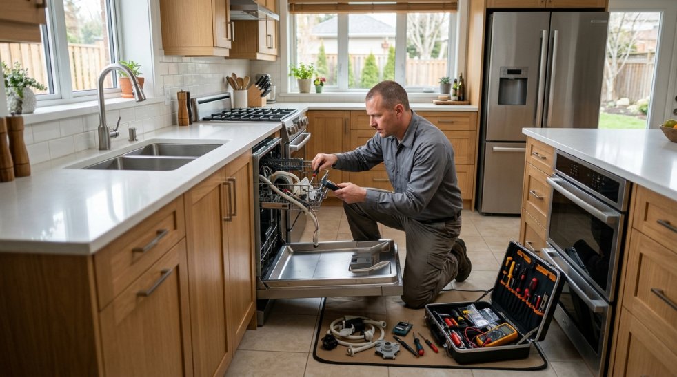 Technician repairing an open dishwasher in a modern kitchen with tools on the floor